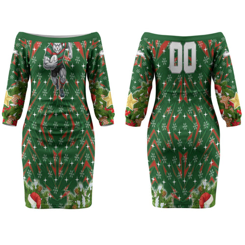 Personalised Rabbitohs Rugby Christmas Couples Matching Off The Shoulder Long Sleeve Dress and Long Sleeve Button Shirt Santa Rugby Mascot - Pine Wreath Festive