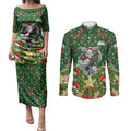 Personalised Rabbitohs Rugby Christmas Couples Matching Puletasi and Long Sleeve Button Shirt Santa Rugby Mascot - Pine Wreath Festive