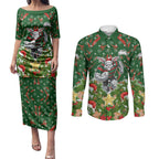 Personalised Rabbitohs Rugby Christmas Couples Matching Puletasi and Long Sleeve Button Shirt Santa Rugby Mascot - Pine Wreath Festive