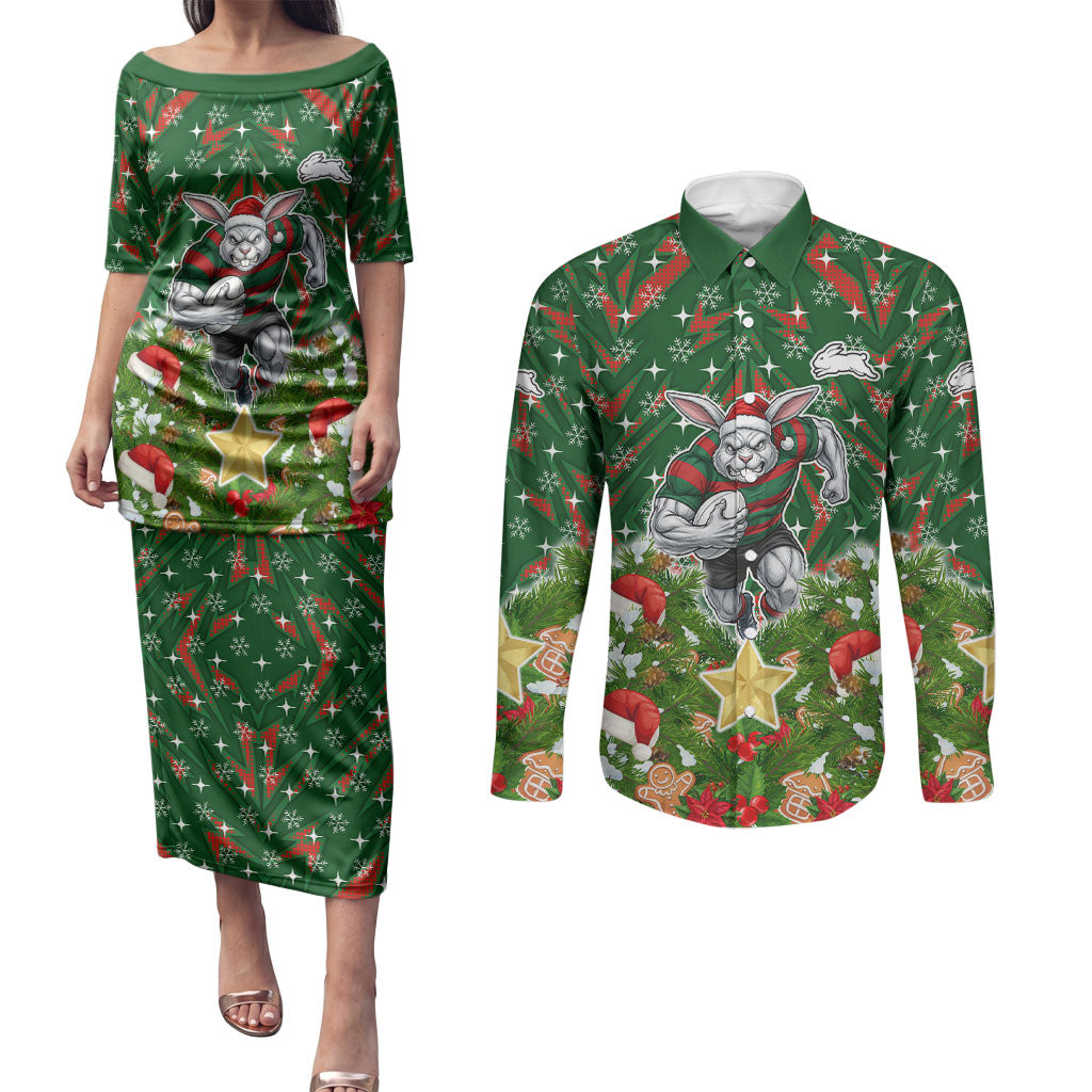 Personalised Rabbitohs Rugby Christmas Couples Matching Puletasi and Long Sleeve Button Shirt Santa Rugby Mascot - Pine Wreath Festive