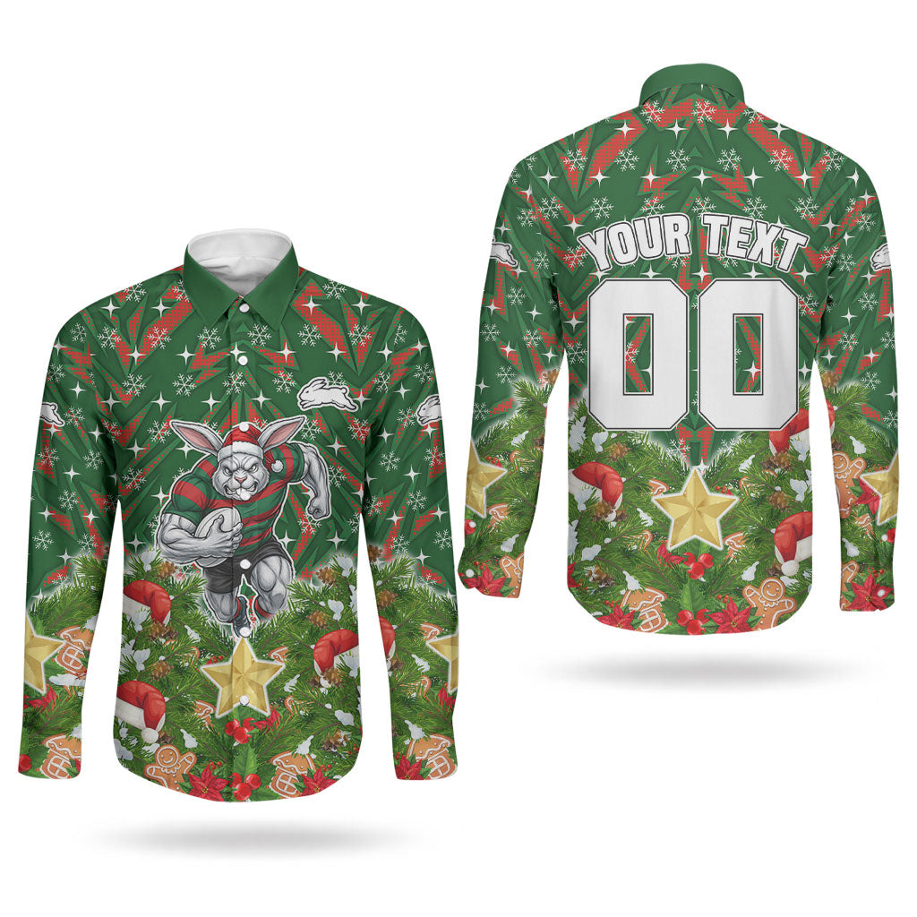 Personalised Rabbitohs Rugby Christmas Couples Matching Puletasi and Long Sleeve Button Shirt Santa Rugby Mascot - Pine Wreath Festive