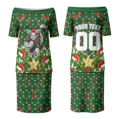 Personalised Rabbitohs Rugby Christmas Couples Matching Puletasi and Long Sleeve Button Shirt Santa Rugby Mascot - Pine Wreath Festive