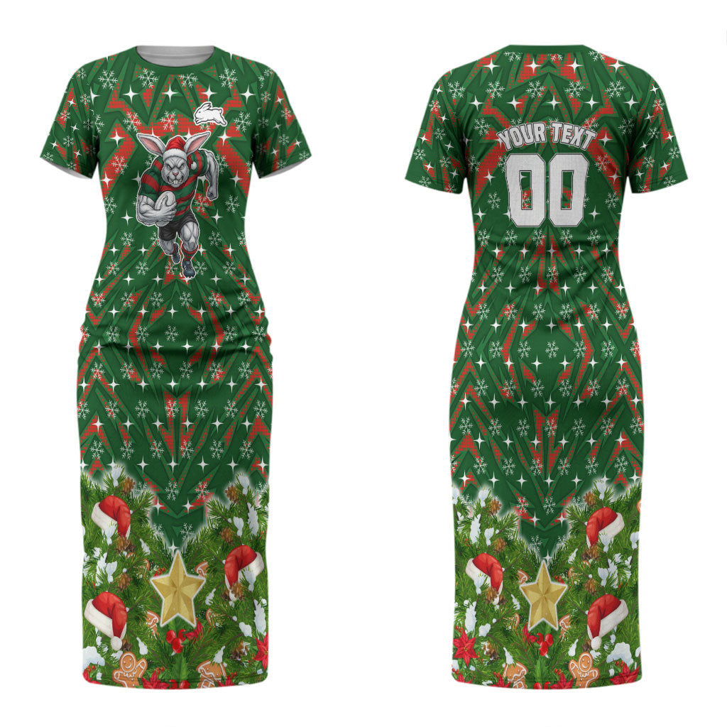 Personalised Rabbitohs Rugby Christmas Couples Matching Short Sleeve Bodycon Dress and Hawaiian Shirt Santa Rugby Mascot - Pine Wreath Festive
