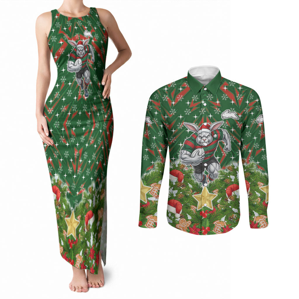 Personalised Rabbitohs Rugby Christmas Couples Matching Tank Maxi Dress and Long Sleeve Button Shirt Santa Rugby Mascot - Pine Wreath Festive