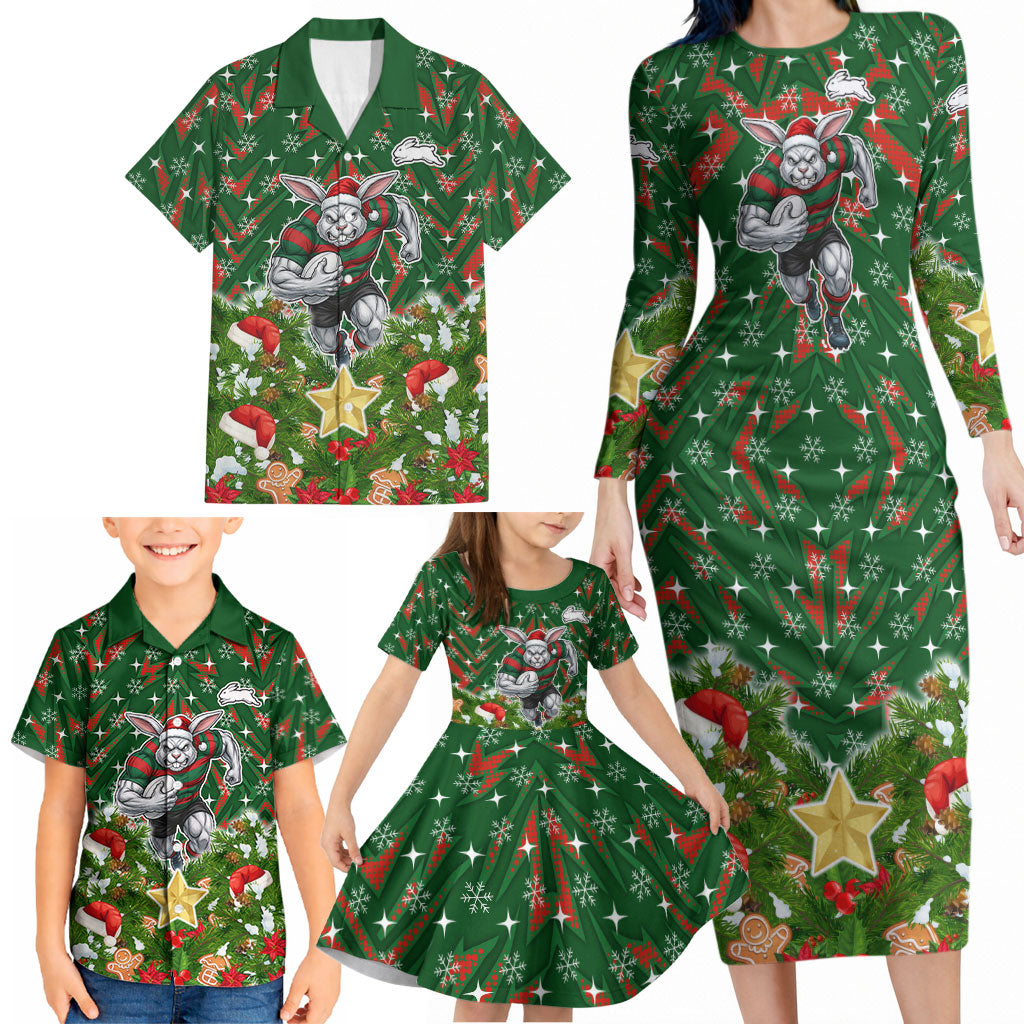 Personalised Rabbitohs Rugby Christmas Family Matching Long Sleeve Bodycon Dress and Hawaiian Shirt Santa Rugby Mascot - Pine Wreath Festive
