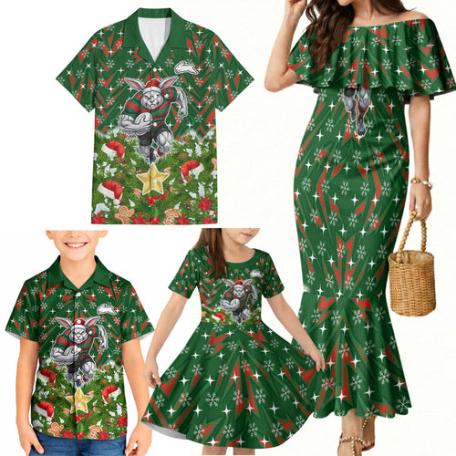 Personalised Rabbitohs Rugby Christmas Family Matching Mermaid Dress and Hawaiian Shirt Santa Rugby Mascot - Pine Wreath Festive
