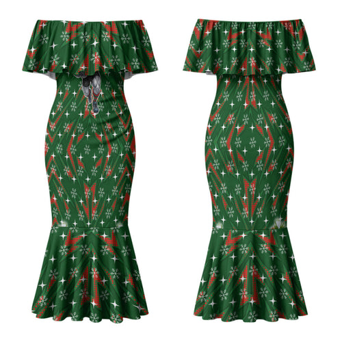 Personalised Rabbitohs Rugby Christmas Family Matching Mermaid Dress and Hawaiian Shirt Santa Rugby Mascot - Pine Wreath Festive