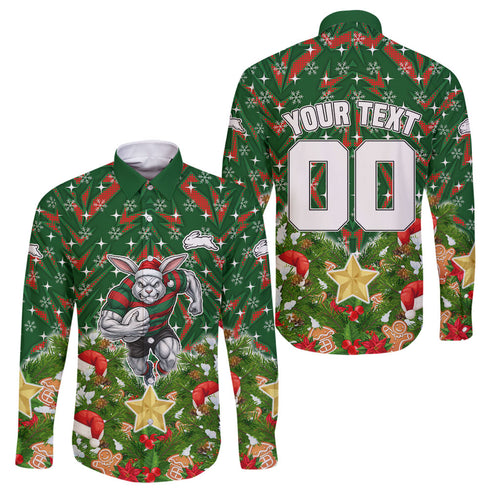 Personalised Rabbitohs Rugby Christmas Family Matching Mermaid Dress and Hawaiian Shirt Santa Rugby Mascot - Pine Wreath Festive