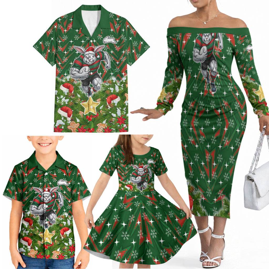 Personalised Rabbitohs Rugby Christmas Family Matching Off The Shoulder Long Sleeve Dress and Hawaiian Shirt Santa Rugby Mascot - Pine Wreath Festive