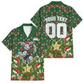 Personalised Rabbitohs Rugby Christmas Family Matching Off The Shoulder Long Sleeve Dress and Hawaiian Shirt Santa Rugby Mascot - Pine Wreath Festive
