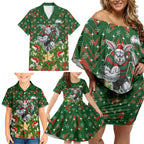 Personalised Rabbitohs Rugby Christmas Family Matching Off Shoulder Short Dress and Hawaiian Shirt Santa Rugby Mascot - Pine Wreath Festive