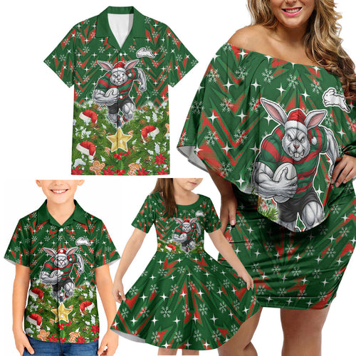 Personalised Rabbitohs Rugby Christmas Family Matching Off Shoulder Short Dress and Hawaiian Shirt Santa Rugby Mascot - Pine Wreath Festive