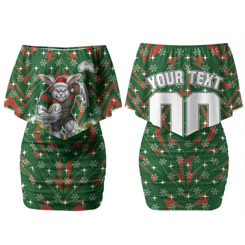 Personalised Rabbitohs Rugby Christmas Family Matching Off Shoulder Short Dress and Hawaiian Shirt Santa Rugby Mascot - Pine Wreath Festive