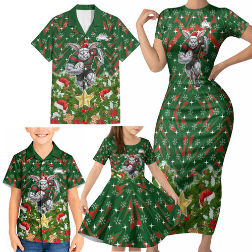Personalised Rabbitohs Rugby Christmas Family Matching Short Sleeve Bodycon Dress and Hawaiian Shirt Santa Rugby Mascot - Pine Wreath Festive