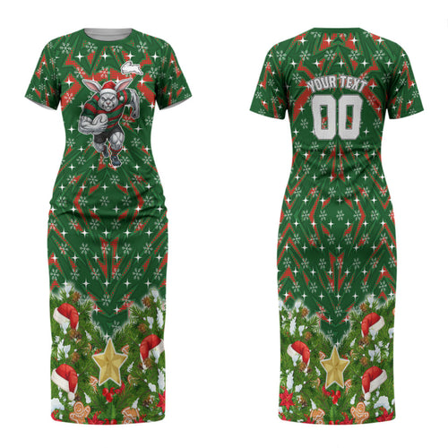 Personalised Rabbitohs Rugby Christmas Family Matching Short Sleeve Bodycon Dress and Hawaiian Shirt Santa Rugby Mascot - Pine Wreath Festive