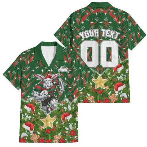 Personalised Rabbitohs Rugby Christmas Family Matching Short Sleeve Bodycon Dress and Hawaiian Shirt Santa Rugby Mascot - Pine Wreath Festive