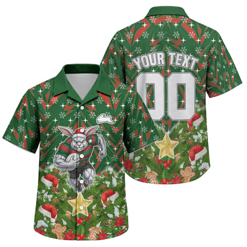 Personalised Rabbitohs Rugby Christmas Family Matching Short Sleeve Bodycon Dress and Hawaiian Shirt Santa Rugby Mascot - Pine Wreath Festive