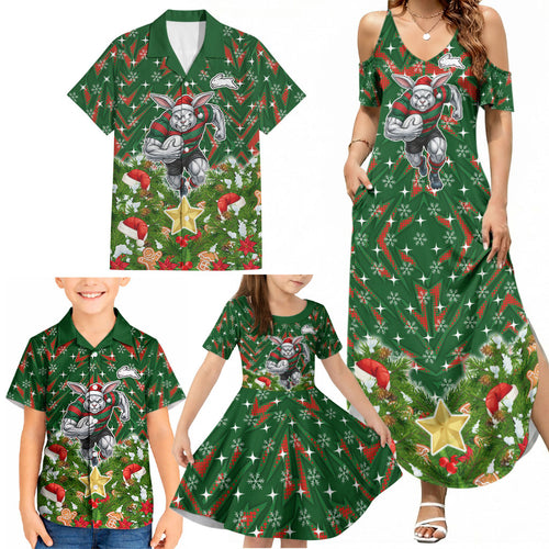 Personalised Rabbitohs Rugby Christmas Family Matching Summer Maxi Dress and Hawaiian Shirt Santa Rugby Mascot - Pine Wreath Festive