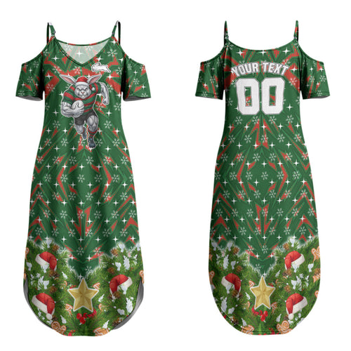 Personalised Rabbitohs Rugby Christmas Family Matching Summer Maxi Dress and Hawaiian Shirt Santa Rugby Mascot - Pine Wreath Festive