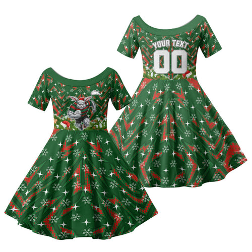 Personalised Rabbitohs Rugby Christmas Family Matching Summer Maxi Dress and Hawaiian Shirt Santa Rugby Mascot - Pine Wreath Festive