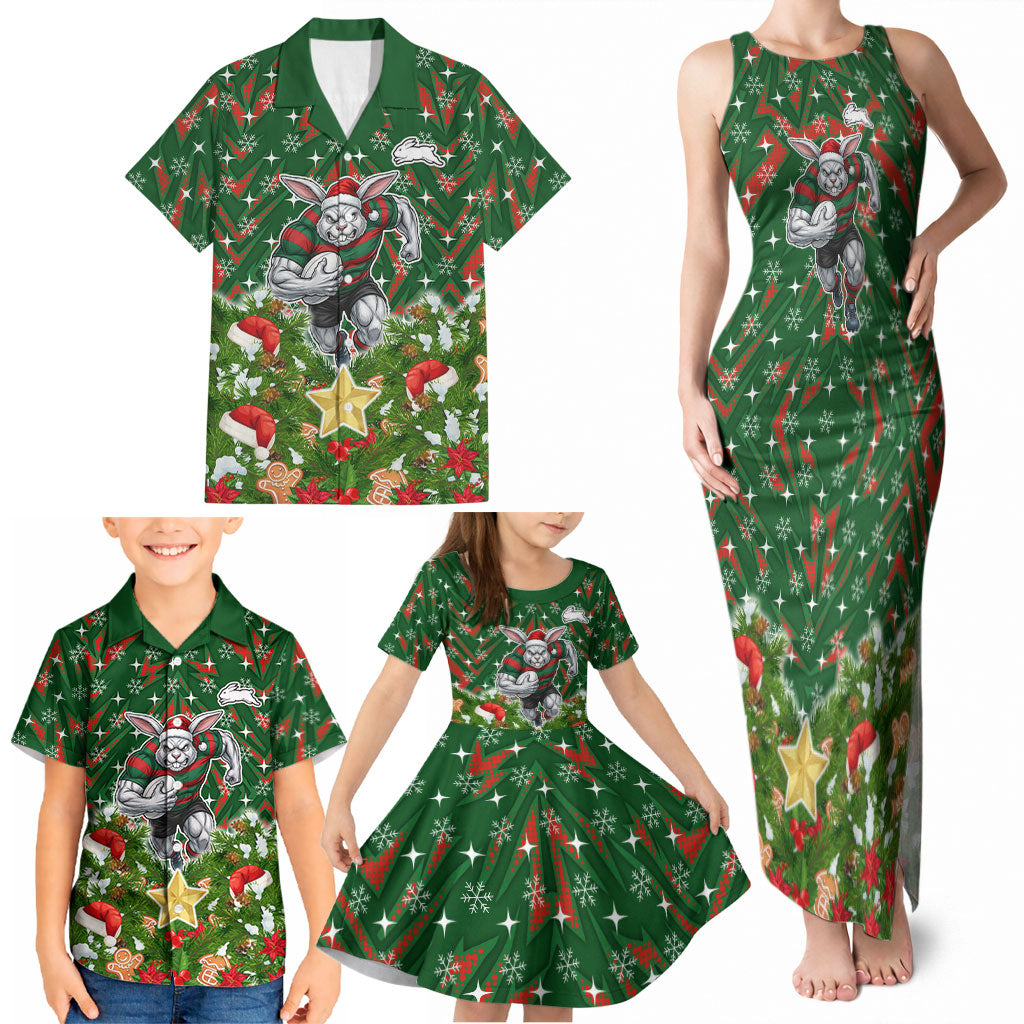 Personalised Rabbitohs Rugby Christmas Family Matching Tank Maxi Dress and Hawaiian Shirt Santa Rugby Mascot - Pine Wreath Festive