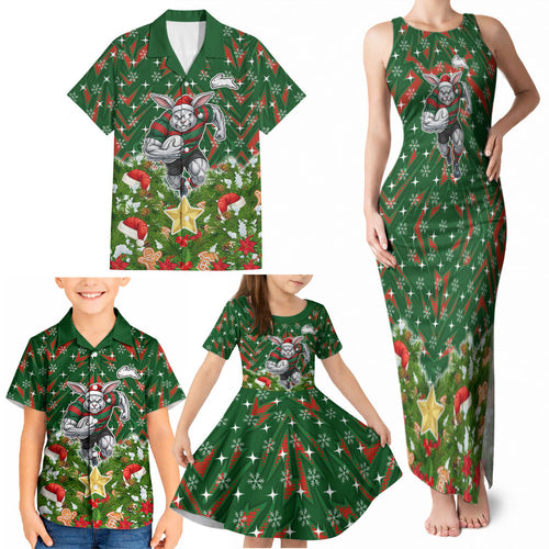 Personalised Rabbitohs Rugby Christmas Family Matching Tank Maxi Dress and Hawaiian Shirt Santa Rugby Mascot - Pine Wreath Festive