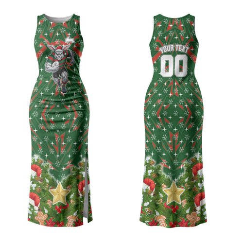 Personalised Rabbitohs Rugby Christmas Family Matching Tank Maxi Dress and Hawaiian Shirt Santa Rugby Mascot - Pine Wreath Festive