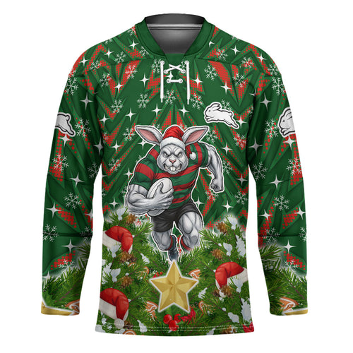 Personalised Rabbitohs Rugby Christmas Hockey Jersey Santa Rugby Mascot - Pine Wreath Festive