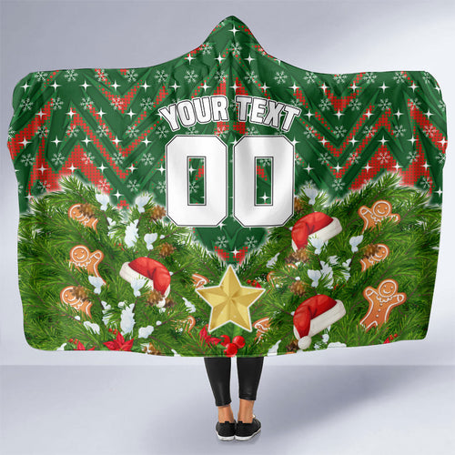 Personalised Rabbitohs Rugby Christmas Hooded Blanket Santa Rugby Mascot - Pine Wreath Festive