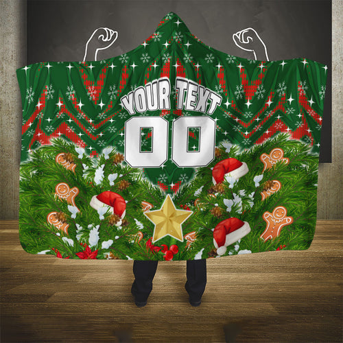 Personalised Rabbitohs Rugby Christmas Hooded Blanket Santa Rugby Mascot - Pine Wreath Festive