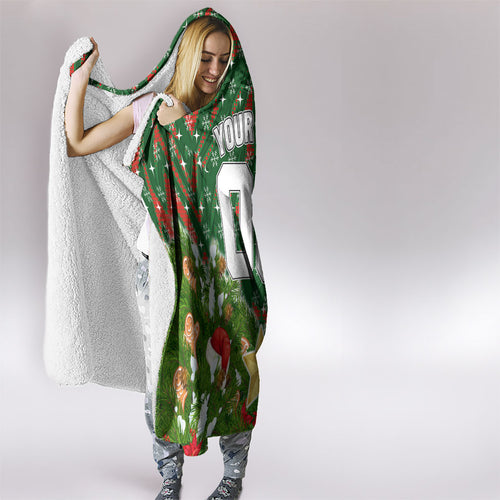Personalised Rabbitohs Rugby Christmas Hooded Blanket Santa Rugby Mascot - Pine Wreath Festive