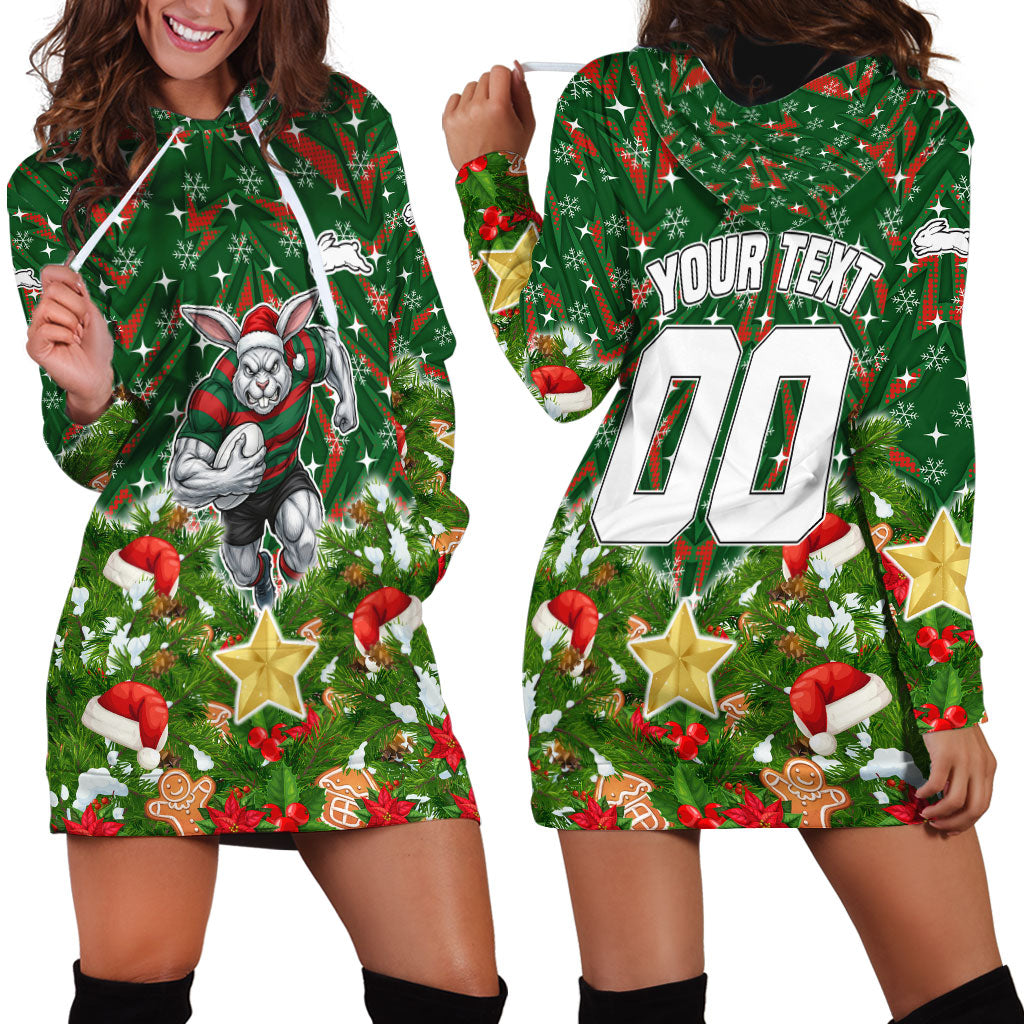 Personalised Rabbitohs Rugby Christmas Hoodie Dress Santa Rugby Mascot - Pine Wreath Festive