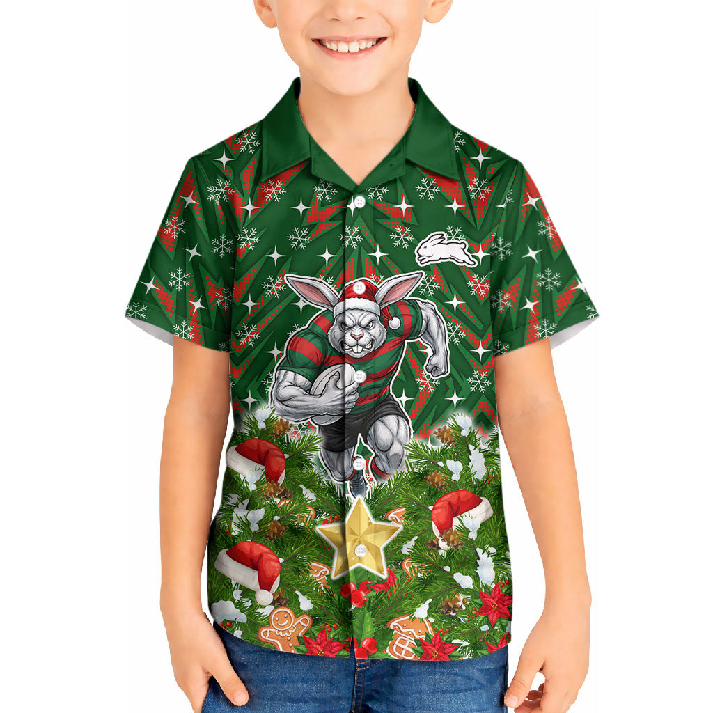 Personalised Rabbitohs Rugby Christmas Kid Hawaiian Shirt Santa Rugby Mascot - Pine Wreath Festive