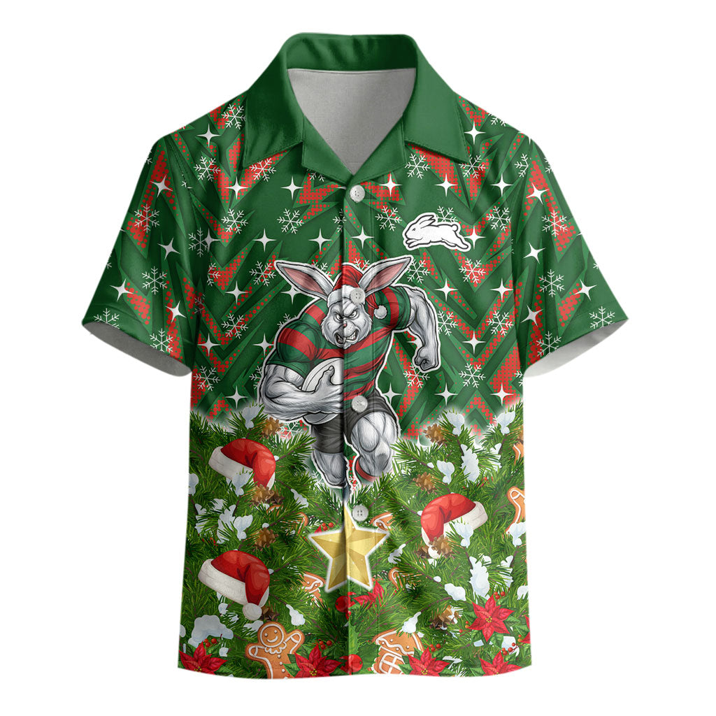 Personalised Rabbitohs Rugby Christmas Kid Hawaiian Shirt Santa Rugby Mascot - Pine Wreath Festive