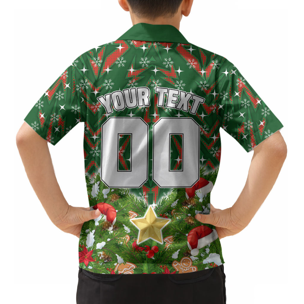 Personalised Rabbitohs Rugby Christmas Kid Hawaiian Shirt Santa Rugby Mascot - Pine Wreath Festive
