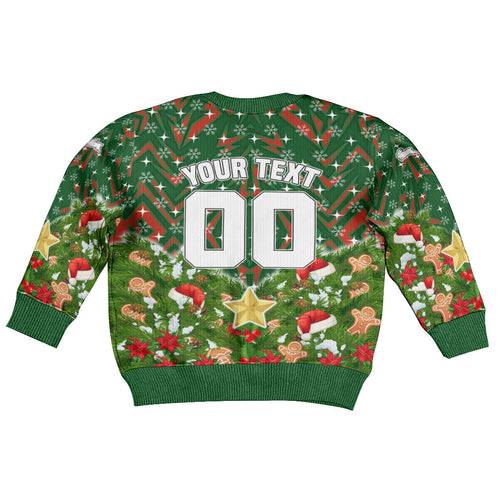 Personalised Rabbitohs Rugby Christmas Kid Ugly Christmas Sweater Santa Rugby Mascot - Pine Wreath Festive