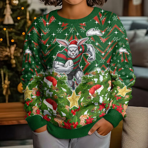Personalised Rabbitohs Rugby Christmas Kid Ugly Christmas Sweater Santa Rugby Mascot - Pine Wreath Festive
