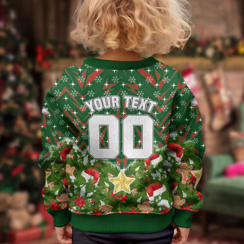 Personalised Rabbitohs Rugby Christmas Kid Ugly Christmas Sweater Santa Rugby Mascot - Pine Wreath Festive