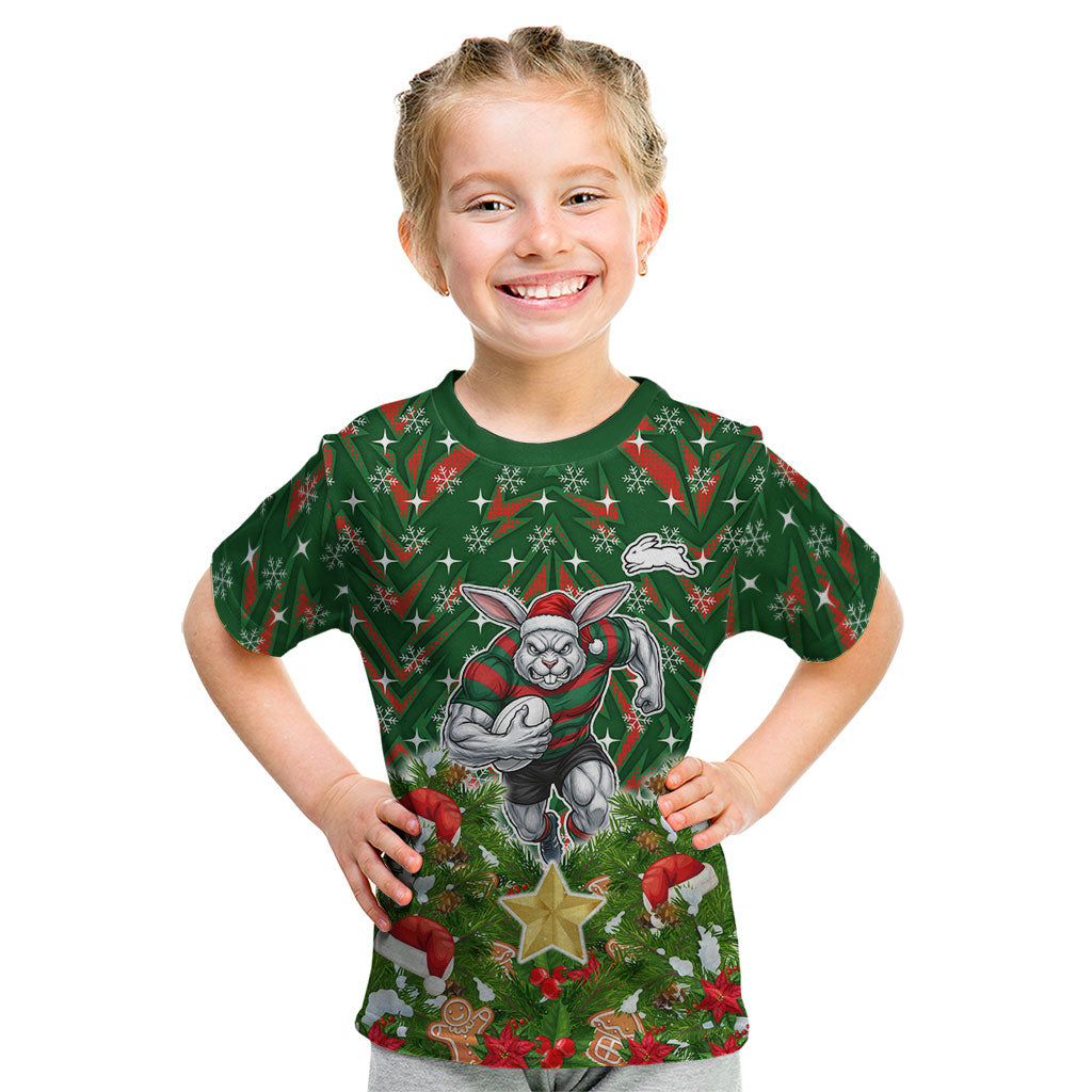 Personalised Rabbitohs Rugby Christmas Kid T Shirt Santa Rugby Mascot - Pine Wreath Festive