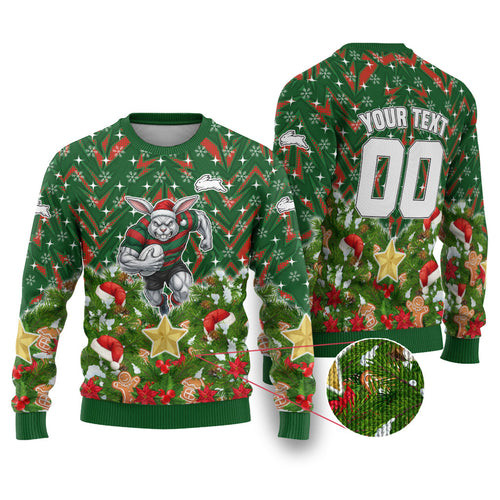 Personalised Rabbitohs Rugby Christmas Ugly Christmas Sweater Santa Rugby Mascot - Pine Wreath Festive