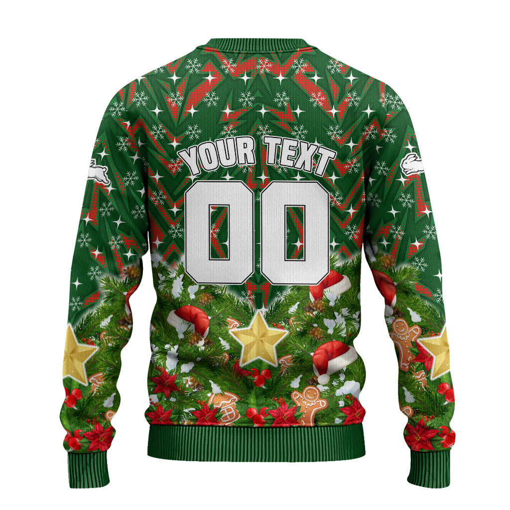 Personalised Rabbitohs Rugby Christmas Ugly Christmas Sweater Santa Rugby Mascot - Pine Wreath Festive