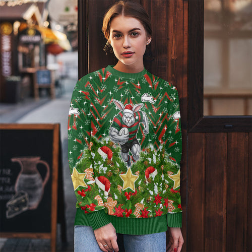 Personalised Rabbitohs Rugby Christmas Ugly Christmas Sweater Santa Rugby Mascot - Pine Wreath Festive
