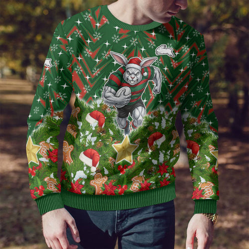 Personalised Rabbitohs Rugby Christmas Ugly Christmas Sweater Santa Rugby Mascot - Pine Wreath Festive
