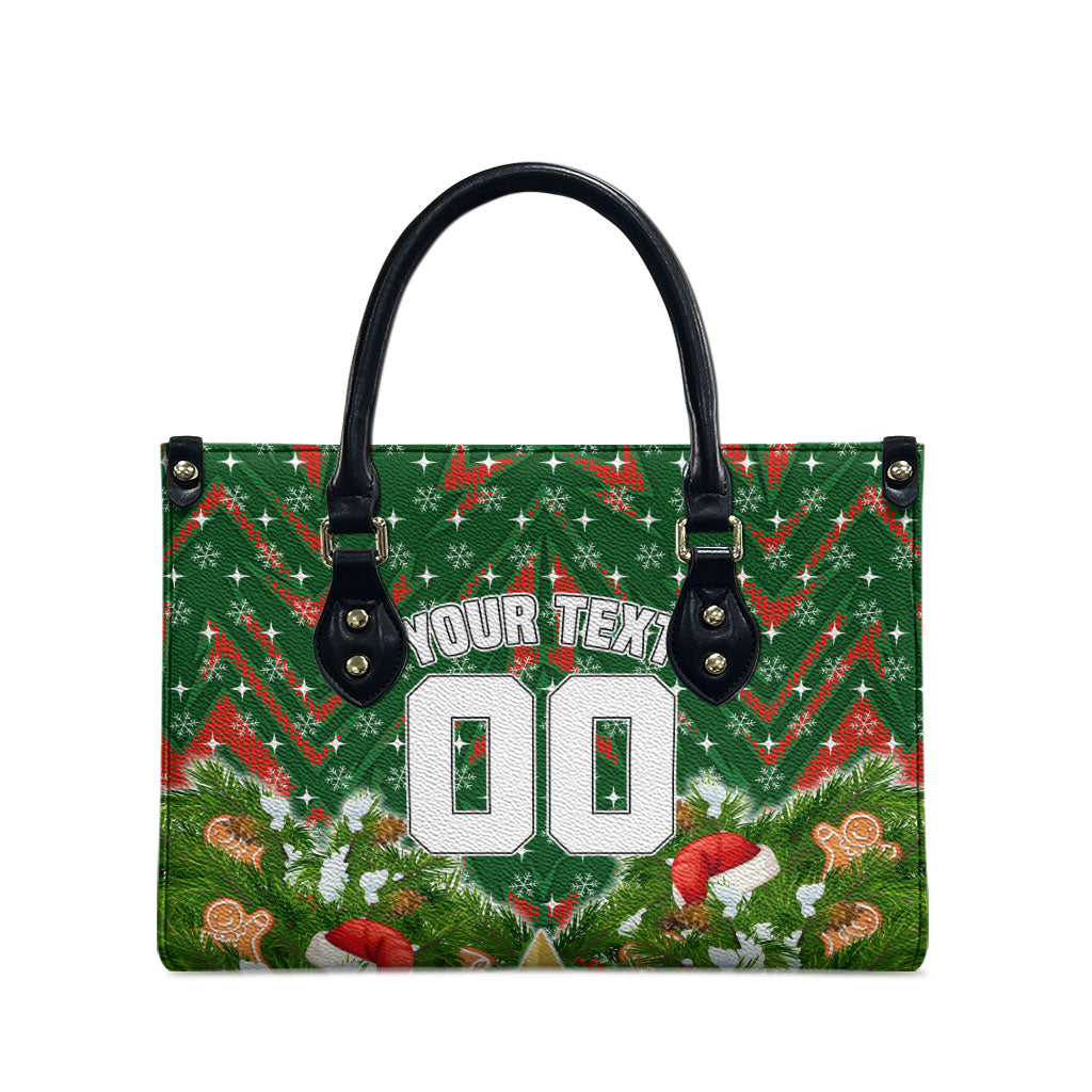 Personalised Rabbitohs Rugby Christmas Leather Bag Santa Rugby Mascot - Pine Wreath Festive