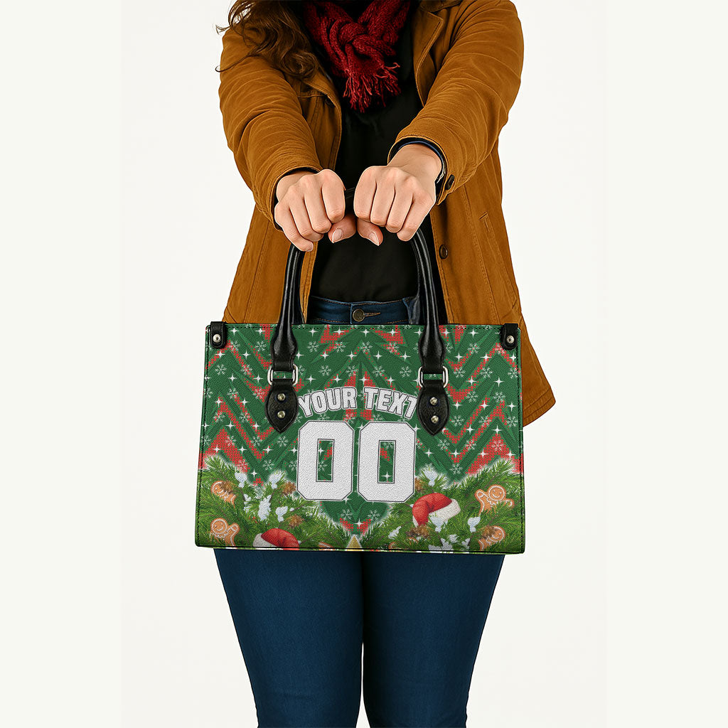 Personalised Rabbitohs Rugby Christmas Leather Bag Santa Rugby Mascot - Pine Wreath Festive