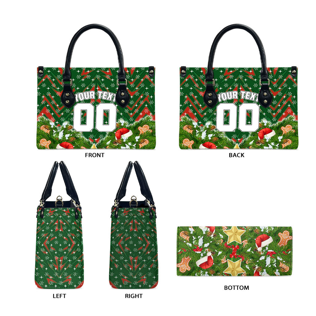Personalised Rabbitohs Rugby Christmas Leather Bag Santa Rugby Mascot - Pine Wreath Festive