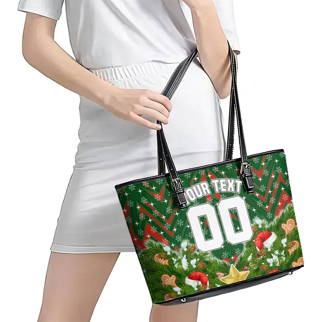 Personalised Rabbitohs Rugby Christmas Leather Tote Bag Santa Rugby Mascot - Pine Wreath Festive