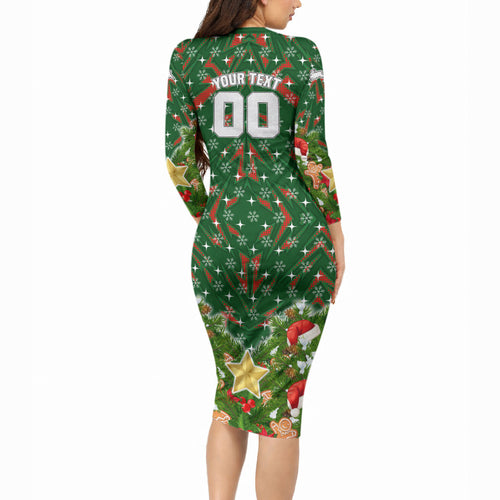 Personalised Rabbitohs Rugby Christmas Long Sleeve Bodycon Dress Santa Rugby Mascot - Pine Wreath Festive