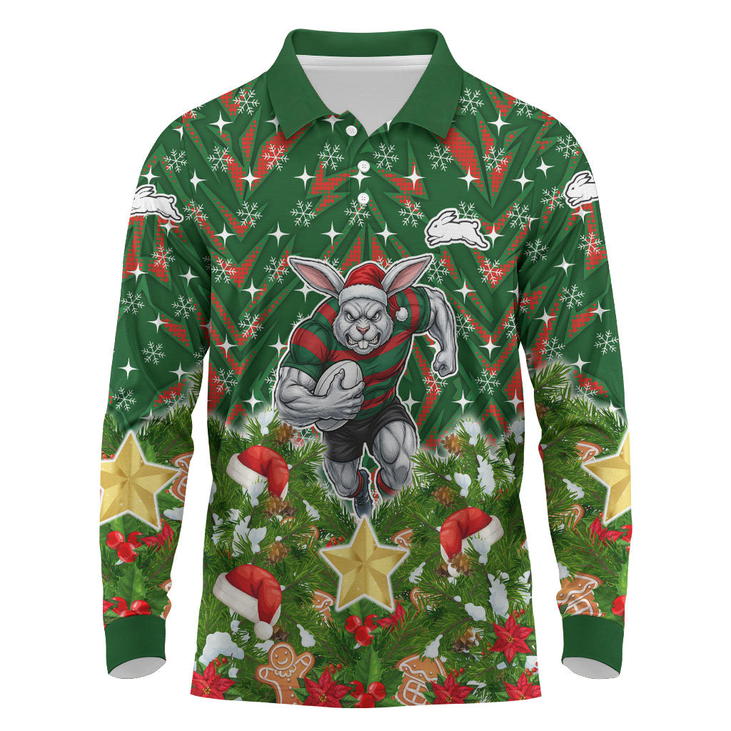 Personalised Rabbitohs Rugby Christmas Long Sleeve Polo Shirt Santa Rugby Mascot - Pine Wreath Festive