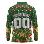 Personalised Rabbitohs Rugby Christmas Long Sleeve Polo Shirt Santa Rugby Mascot - Pine Wreath Festive